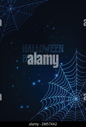 Halloween banner template with glowing spider webs and text on dark blue background. Futuristic design vector illustration. Stock Vector