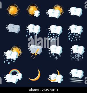 Weather icons in cartoon style on dark blue background. Flat vector illustration. Stock Vector