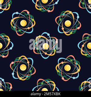 Atom seamless pattern on dark blue background. Science for kids. Cartoon vector illustration in flat style. Stock Vector