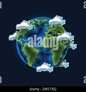The planet Earth surrounded by clouds in the space. Paper cut out style vector illustration. Stock Vector