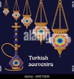 Turkish traditional ceramic souvenirs. Bright colorful hanging lanterns and hookah on blue background. Cartoon vector illustration in flat style. Stock Vector