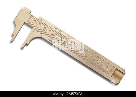 Antique Metal Brass Caliper Slide Ruler Isolated On White Background Stock Photo