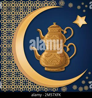 Turkish traditional antique decorated copper teapot with double kettles with moon, star and oriental decoration on dark blue background. Cartoon vecto Stock Vector