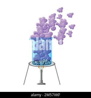 Chemical experiment showing heating beaker with crystals and smoke.Iodine sublimation. Educational chemistry. Cartoon vector illustration in flat styl Stock Vector