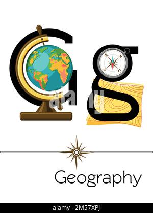 Flash card letter G is for Geography. Science alphabet for kids. Puzzle ABC flash cards series. Cartoon vector illustration in flat style. Stock Vector
