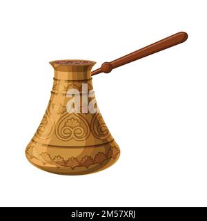 Turkish traditional decorated copper cezve isolated on white background. Turkish antique utensils series, part 3 of 5. Cartoon vector illustration in Stock Vector