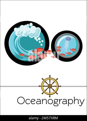 Flash card letter O is for Oceanography. Science alphabet for kids. Puzzle ABC flash cards series. Cartoon vector illustration in flat style. Stock Vector