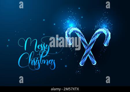 Merry Christmas digital greeting card template with two glowing candy canes and text isolated on dark blue background. Traditional peppermint candies Stock Vector