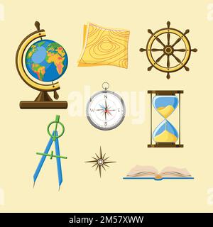 Geography school set with Earth globe, topography map, ship wheel, compass, hourglass, windrose and book icons. Science for kids. Cartoon style vector Stock Vector