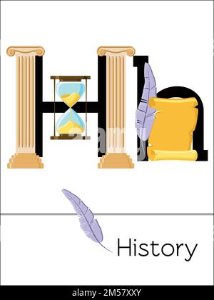 Flash card letter H is for History. Science alphabet for kids. Puzzle ABC flash cards series. Cartoon vector illustration in flat style. Stock Vector