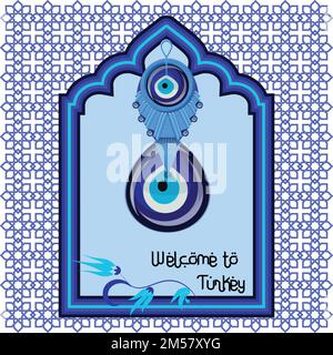 Welcome to Turkey greeting cart template with turkish traditional glass amulet boncuk, evil eye in the arch style blue window isolated on white backgr Stock Vector