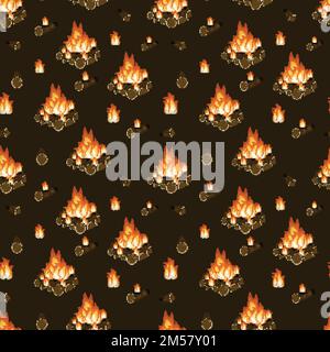 Burning bonfire, firewood and flames on dark brown background seamless pattern. Camping, hiking activity. Cartoon vector illustration. Stock Vector