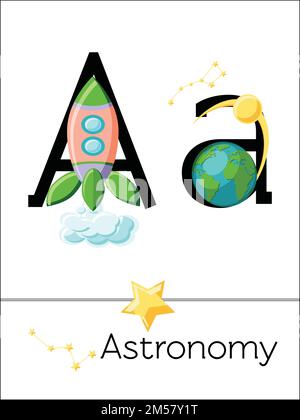 Flash card letter A is for Astronomy. Science alphabet for kids. Puzzle ABC flash cards series. Cartoon vector illustration in flat style. Stock Vector