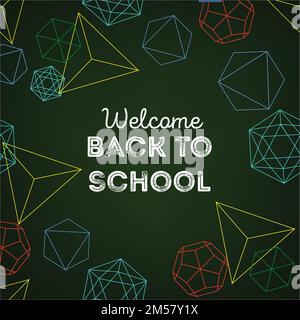Welcome back to school colorful background with geometrical shapes and text on dark green background. Vector illustration in flat style. Stock Vector