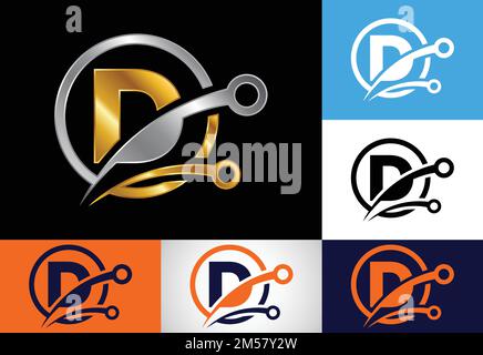 Initial D monogram alphabet in a circle with a technology sign symbol. Technology logo design concept vector template. Font emblem Stock Vector