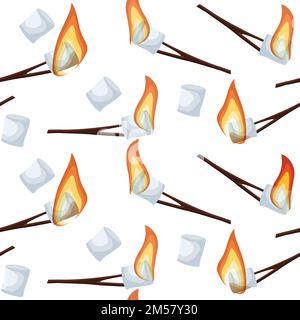 Roasting marshmallows seamless pattern isolated on white background. Cartoon vector illustration in flat style. Stock Vector