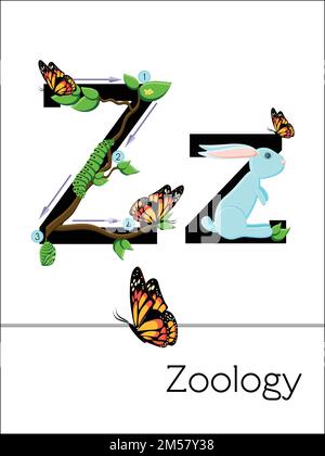 Flash card letter Z is for Zoology. Science alphabet for kids. Puzzle ABC flash cards series. Cartoon vector illustration in flat style. Stock Vector