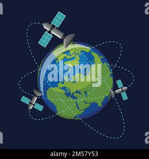 Artificial satellites orbiting the planet Earth in outer space isolated on dark blue background. Communication, navigation concept. Cartoon style vect Stock Vector