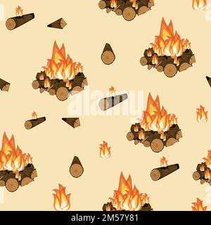 Campfire, burning wood and flame seamless pattern. Camping abstract background. Cartoon style vector illustration. Stock Vector
