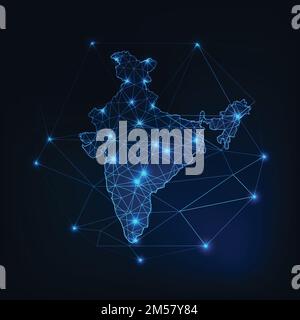 India map glowing silhouette outline made of stars lines dots triangles, low polygonal shapes. Communication, internet technologies concept. Wireframe Stock Vector