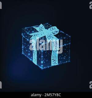 Glowing low polygonal square gift box with ribbon bow made of stars, lines, triangular shapes on dark blue background. Fututistic wireframe design vec Stock Vector