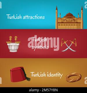 Turkish touristic banners with traditional symbols fez, simit, swords, hammam, Hagia Sophia. Turkish attractions, symbols, identity. Travel to Turkey Stock Vector