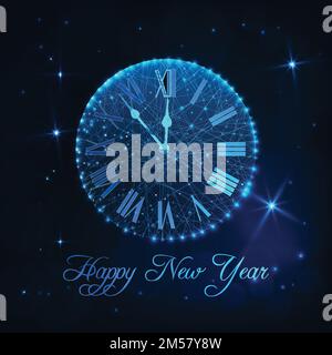 Happy New Year greeting card template with glowing low poly roman numeral clock with countdown time 5 minutes to midnight and text on dark blue backgr Stock Vector