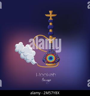 Turkish traditional ornated ceramic or glass hookah with smoke on dark blue and purple background. Shisha lounge concept. Cartoon style vector illustr Stock Vector
