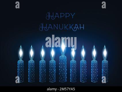 Happy hanukkah greeting card template with nine glowing burning candles on dark blue background. Futuristic low polygonal wireframe design vector illu Stock Vector