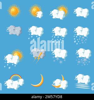 Weather icons in cartoon style on blue background. Flat vector illustration. Stock Vector