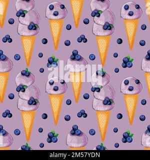 Blueberry icecream in a cone with berries seamless pattern on purple background. Cartoon style vector illustration Stock Vector