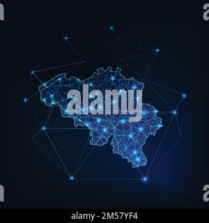 Belgium map made of lines, stars triangular shapes and surrounded by abstract framework. Internet connection, media, communication concept. Glowing lo Stock Vector