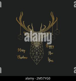 Merry Christmas and Happy New Year greeting card template with golden low poly deer head with antlers decorated by balls and text on black background. Stock Vector
