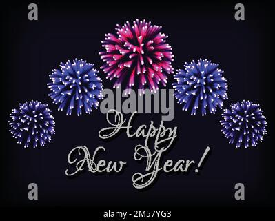 Happy New Year greeting card template with text and bright colorful fireworks on dark blue background. Vector illustration. Stock Vector