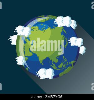 Asia map on planet Earth, view from space. Asia globe icon. Planet Earth globe map with blue ocean, green continents and clouds around. Cartoon style Stock Vector