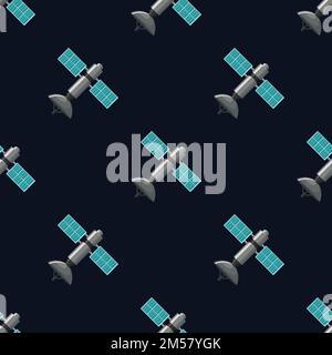 Satellite seamless pattern on dark blue background.Cartoon vector illustration in flat style. Stock Vector