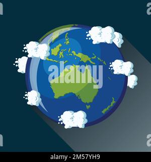 Australia map on planet Earth, view from space. Australia globe icon. Planet Earth globe map with blue ocean, green continents and clouds around. Cart Stock Vector