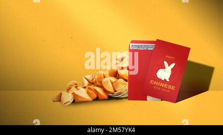 Fortune cookies with red envelope and Chinese symbols on yellow ...