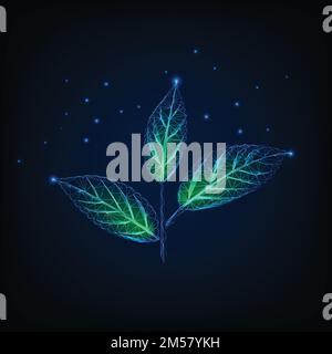 Glowing plant with stem and green leaves made of lines, dots, triangles, low polygonal shapes. Ecology, growth concept. Modern futuristic wireframe de Stock Vector