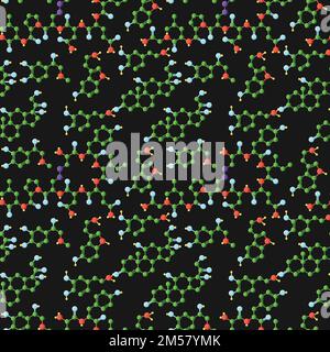 Seamless pattern with structural formula of adrenaline, oxytocin, cortisol, dopamine and serotonin hormones molecules on black background. Vector illu Stock Vector