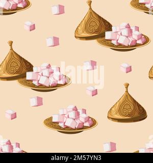 Turkish dekights locum in traditional ornated brass plate with cap seamless pattern. Cartoon style vector illustration. Stock Vector