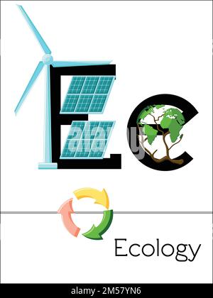 Flash card letter E is for Ecology. Science alphabet for kids. Puzzle ABC flash cards series. Cartoon vector illustration in flat style. Stock Vector