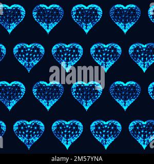 Seamless pattern with glowing low polygonal hearts on dark blue background. Futuristic wireframe design vector illustration. Stock Vector