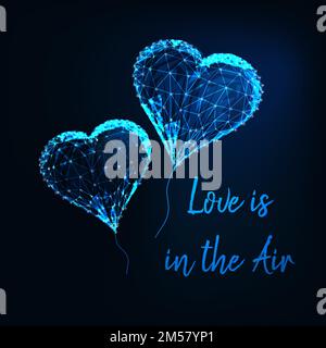 Valentines Day greeting card template with glowing low poly heart shape balloons and text Love is in the air on dark blue background. Modern wireframe Stock Vector
