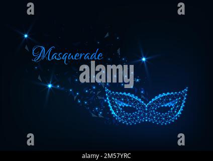 Masquerade abstract background with glowing low polygonal carnival mask, stars and text on dark blue. Futuristic wireframe design vector illustration. Stock Vector