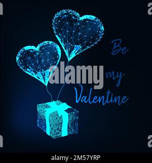 Valentine Day greeting card template with glowing low poly gift box, heart shape balloons and text Be my Valentine on dark blue background. Modern wir Stock Vector