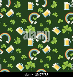 St. Patricks Day seamless pattern with clover leaves, beer glasses, and rainbow on dark green background. Cartoon vector illustration in flat style. Stock Vector