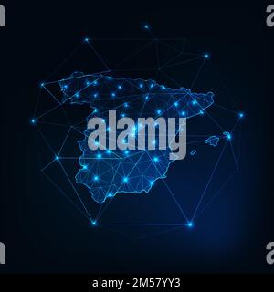 Spain map outline with stars and lines abstract framework. Communication, connection concept. Modern futuristic low polygonal, wireframe, lines and do Stock Vector