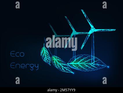 Alternative eco energy concept with glowing low polygonal leaves and wind turbines farm on dark blue background. Sustainable power resources. Futurist Stock Vector