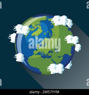 Europe map on planet Earth, view from space. Europe globe icon. Planet Earth globe map with blue ocean, green continents and clouds around. Cartoon st Stock Vector